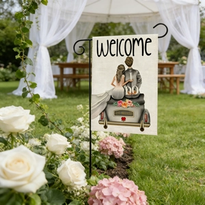 Outdoor wedding garden flag with car illustration and metal stand on lawn
