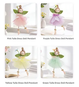 Detailed view of handmade angel doll pendants in soft pink, purple, yellow, and green tulle