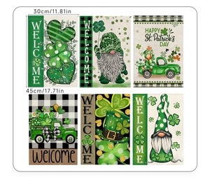 Lot de 6 drapeaux de jardin Saint-Patrick avec gnomes et trèfles, tissu lin 30x45cm