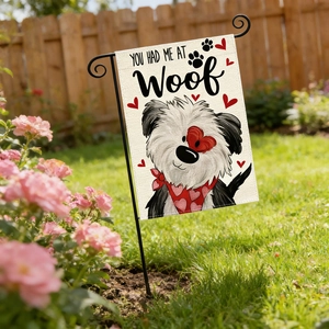 Linen garden flag with dog illustration and 'YOU HAD ME AT Woof' text on metal stand