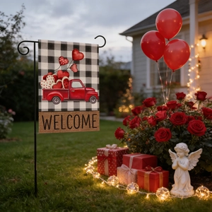 Detail of double-sided Valentine Garden Flag with vintage red truck and buffalo plaid pattern