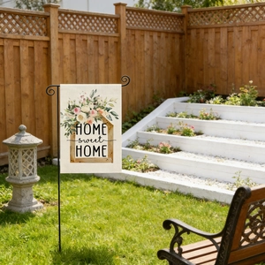 Linen garden flag with Home Sweet Home text and floral house design on black metal stand