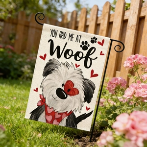 Outdoor pet garden flag with dog illustration and 'YOU HAD ME AT Woof' text on linen
