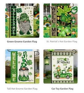 Vues détaillées de quatre drapeaux de jardin St. Patrick avec trèfles et gnomes