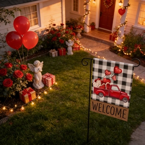 Detail of Valentine garden flag with vintage red truck and hearts on a buffalo plaid base
