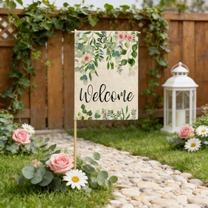 Linen welcome garden flag featuring green leaves and pink roses for outdoor porch decor