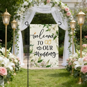 Wedding welcome garden flag on black metal stand featuring floral accents and gold rings