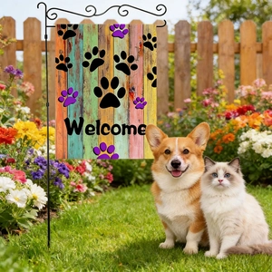 Pet Dog Paw Print Garden Flag Polyester Cartoon Puppy Heart Pattern Decorative Yard Banner Outdoor Patio Home Decor