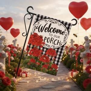 Double-sided linen garden flag with red flowers and metal stand in a romantic garden
