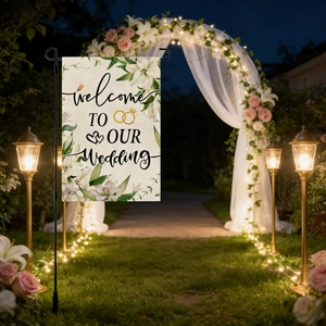 Linen wedding garden flag with Welcome To Our Wedding text and lily flower decorations