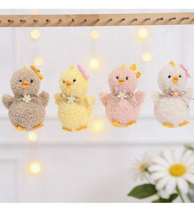 Close-up of four colorful plush chicks hanging on a wooden rack for Easter decor