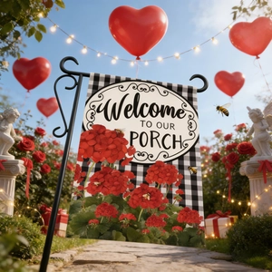 Double-sided Valentine's garden flag with buffalo plaid, red geraniums and a metal stand