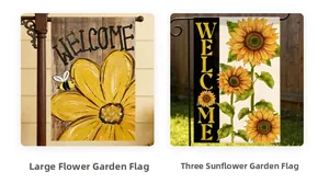 Detailed texture of linen garden flags with sunflower and bee patterns and Welcome text