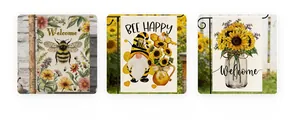Three-piece garden flag set featuring bee gnome and sunflower designs with Welcome text