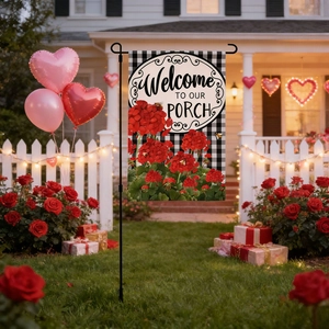 Double-sided Valentine garden flag with red geraniums and Welcome TO OUR PORCH greeting