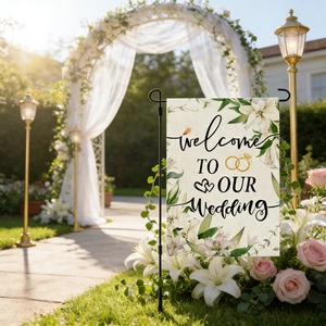 Garden flag detail showing 'Welcome TO OUR Wedding' print on textured linen fabric