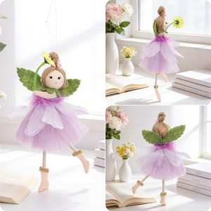 Detailed views of an angel fairy ornament with tulle skirt and sunflower decoration