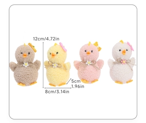 Detail view of plush Easter chick ornaments with bows and dimensions of 12cm by 8cm