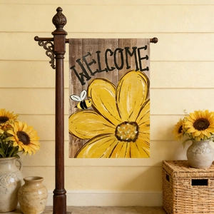 Garden welcome flag with sunflower and bee design on vintage wood texture backdrop