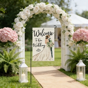 Linen garden flag with wedding couple illustration and Welcome To Our Wedding text