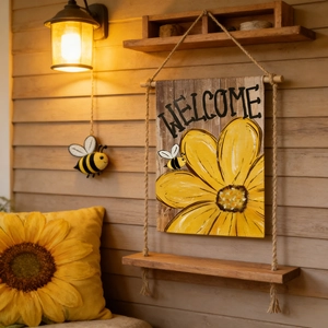 Detail of wooden sunflower welcome sign with bee decor and linen rope hanging shelf