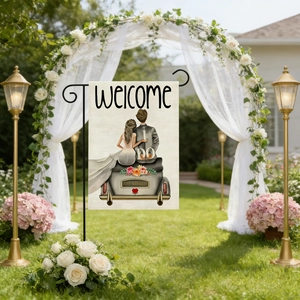 Close-up of linen garden flag with wedding couple illustration on a black metal stand