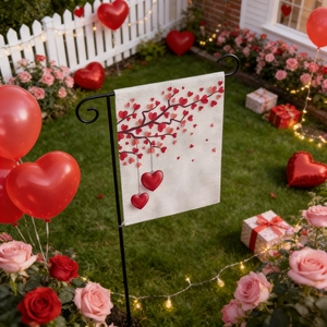 Valentine heart garden flag with red heart tree design on white background with stand