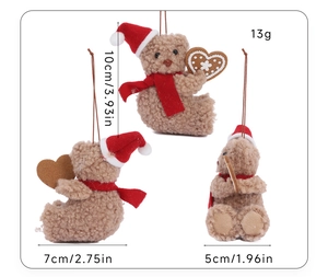 Three-angle view of brown plush bear with red Christmas hat and scarf showing 10cm size