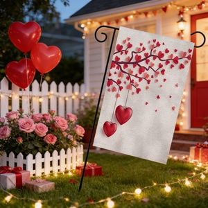 Outdoor garden flag with heart tree design on linen fabric with black metal stand