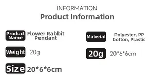 Detailed specifications for floral fairy rabbit pendant including 20x6cm size and weight