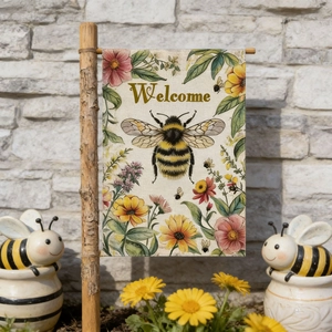 Welcome garden flag featuring a realistic bee and colorful flowers on linen fabric