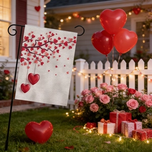 Valentine's Day double-sided linen garden flag with red hearts in outdoor yard setting