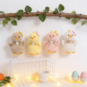 Set of 4 plush Easter chick pendants with bows and daisies for spring home decor