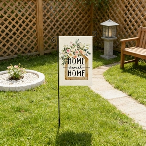 Linen garden flag with Home Sweet Home text and floral pattern on metal hanger