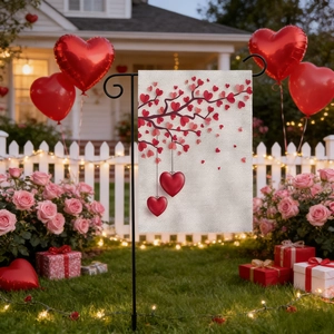 Close-up of double-sided burlap Valentine's garden flag with red and pink heart tree design