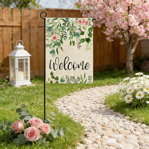 Linen welcome wedding garden flag with floral rose pattern and black metal stand