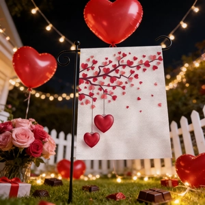 Close-up of double-sided linen garden flag with heart tree design in outdoor night setting