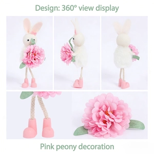 Detailed 360-degree view of Easter bunny ornament with pink peony and soft white fur