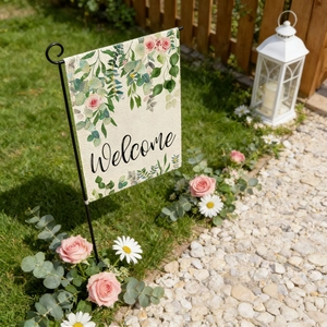 Detailed welcome garden flag featuring pink roses and botanical patterns for weddings