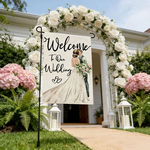 Garden flag for wedding welcome with linen texture and elegant floral background design