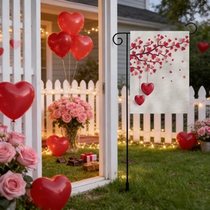 Close-up of double-sided Valentine flag with heart tree design on black metal stand