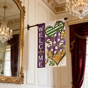 Detailed Mardi Gras garden flag with Welcome text, fleur-de-lis, and festive patterns