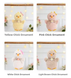 Collage of plush Easter chicks in four colors with daisy bows and soft lamb wool texture