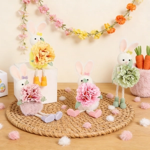 Easter Bunny Rabbit Flower Hanging Decoration Polyester Handmade Pastoral Style Spring Seasonal Ornament For Home Party Decor