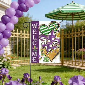 Detail of a Mardi Gras welcome garden flag with fleur-de-lis and bead patterns