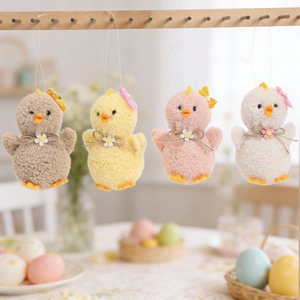 Set of 4 plush Easter chick hanging ornaments in assorted pastel colors with bows