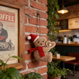Brown curly plush teddy bear with Christmas hat and scarf hanging on a red brick wall
