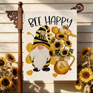 Pastoral Bee Happy garden flag with gnome and sunflowers on a rustic wooden wall