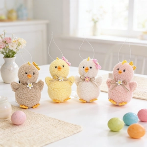 Set of four Easter lamb wool chick pendants in pastel colors for home party decoration