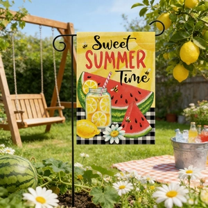 Detail of Sweet Summer Time garden flag featuring watermelon and bee on outdoor lawn